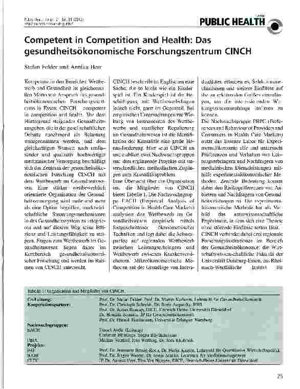 Vorschauseite 1: Competent in Competition and Health: Das gesundheitsökonomische Forschungszentrum CINCH