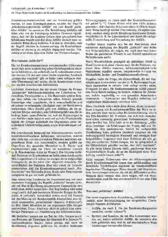 Vorschauseite 2: Hygienische Aspekte der Klassefizierung von krankenhausspezifischen Abfällen