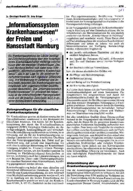 Vorschauseite 1: informationssystem Krankenhauswesen der Freien u. Hansestadt Hamburg Zur Entscheidungsfindung über eine bedarfsgerechte Krankenhausstruktur