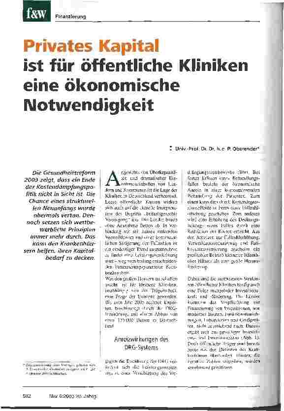 Vorschauseite 1: Privates Kapital ist für öffentliche Kliniken eine ökonomiche Notwendigkeit