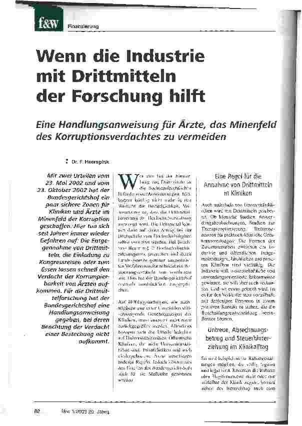 Vorschauseite 1: Wenn die Industrie mit Drittmitteln der Forschung hilft Eine Handlungsanweisung für Ärzte, das Minenfeld des Korruptionsverdachtes zu vermeiden