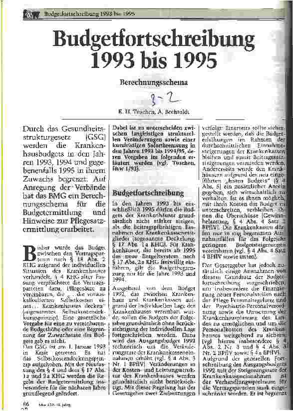 Vorschauseite 1: Budgetfortschreibung 1993 bis 1995 Berechnungsschema