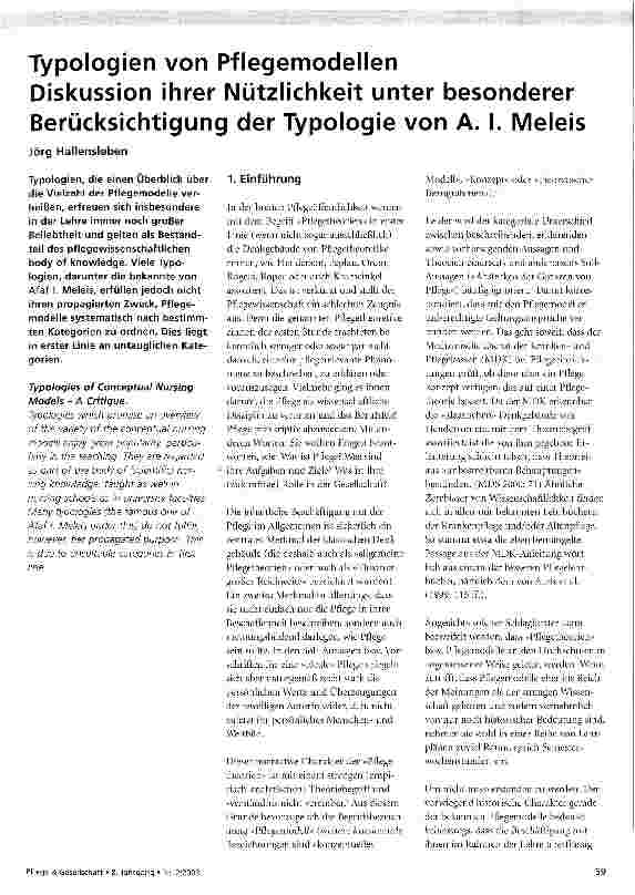 Vorschauseite 1: Typologien von Pflegemodellen Diskussion ihrer Nützlichkeit unter besonderer Berücksichtigung der Typologie von A. I. Meleis