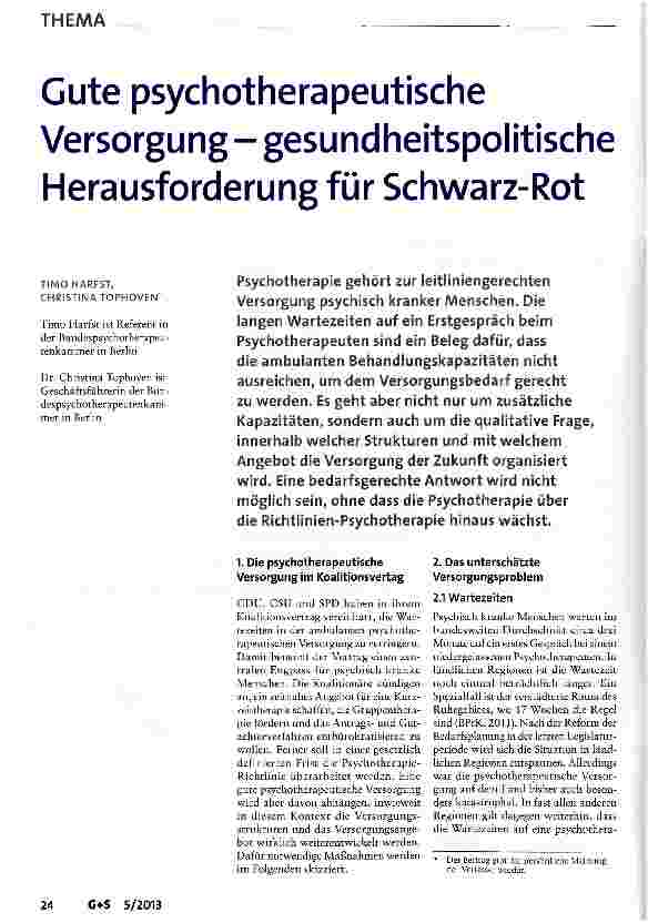 Vorschauseite 1: Gute psychotherapeutische Versorgung - gesundheitspolitische Herausforderung für Schwarz-Rot