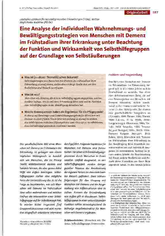 Vorschauseite 1: Eine Analyse der individuellen Wahrnehmungsund Bewältigungsstrategien von Menschen mit Demenz im Frühstadium ihrer Erkrankung unter Beachtung der Funktion und Wirksamkeit von Selb…