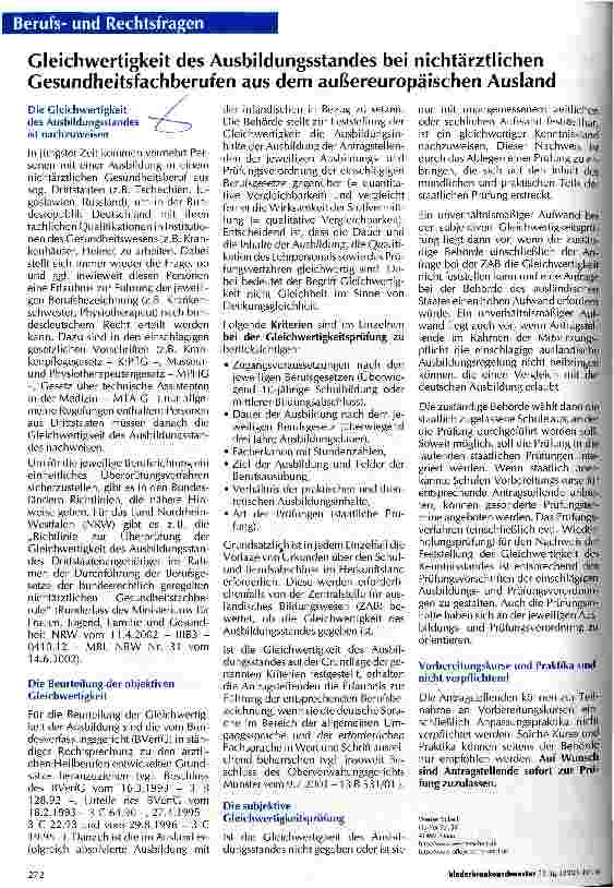 Vorschauseite 1: Gleichwertigkeit des Ausbildungsstandes bei nichtärztlichen Gesundheitsfachberufen aus dem außereuropäischen Ausland