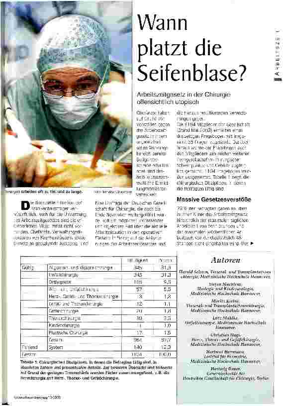 Vorschauseite 1: Wann platzt die Seifenblase? Arbeitszeitgesetz in der Chirurgie offensichtlich utopisch