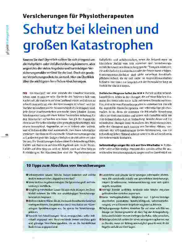 Vorschauseite 1: Versicherungen für Physiotherapeuten Schutz bei kleinen und großen Katastrophen