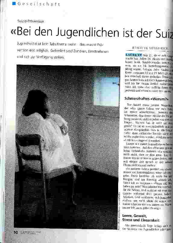 Vorschauseite 1: Bei den Jugendlichen ist der Suizid nicht eine bewusste Wahl Suizid-Prävention
