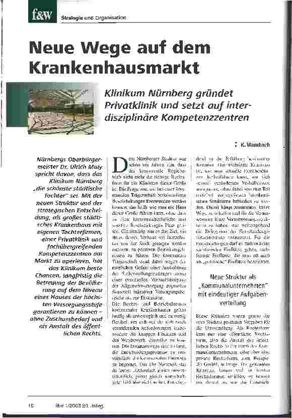 Vorschauseite 1: Neue Wege auf dem Krankenhausmarkt Klinikum Nürnberg gründet Privatklinik und setzt auf interdisziplinäre Kompetenzzentren