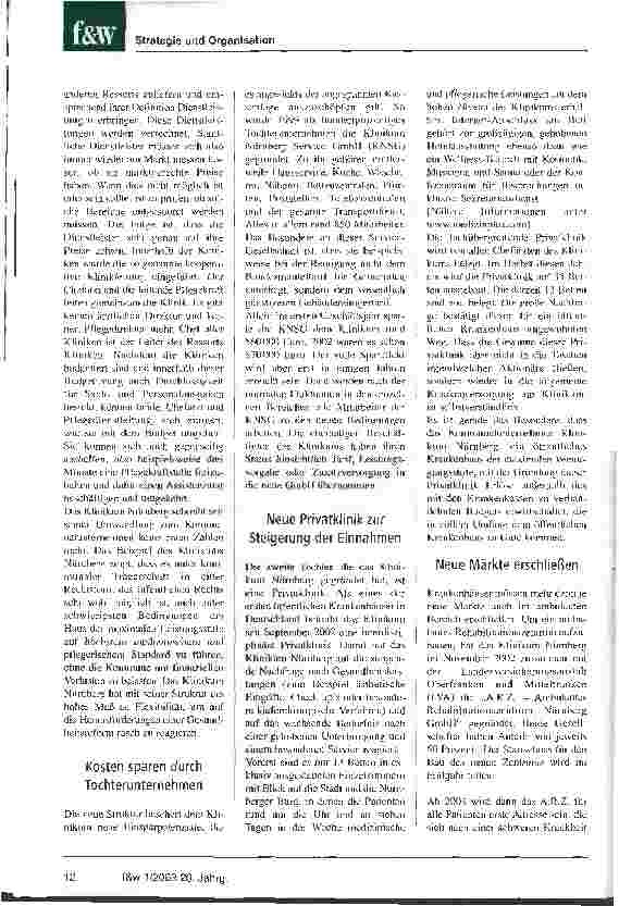 Vorschauseite 3: Neue Wege auf dem Krankenhausmarkt Klinikum Nürnberg gründet Privatklinik und setzt auf interdisziplinäre Kompetenzzentren