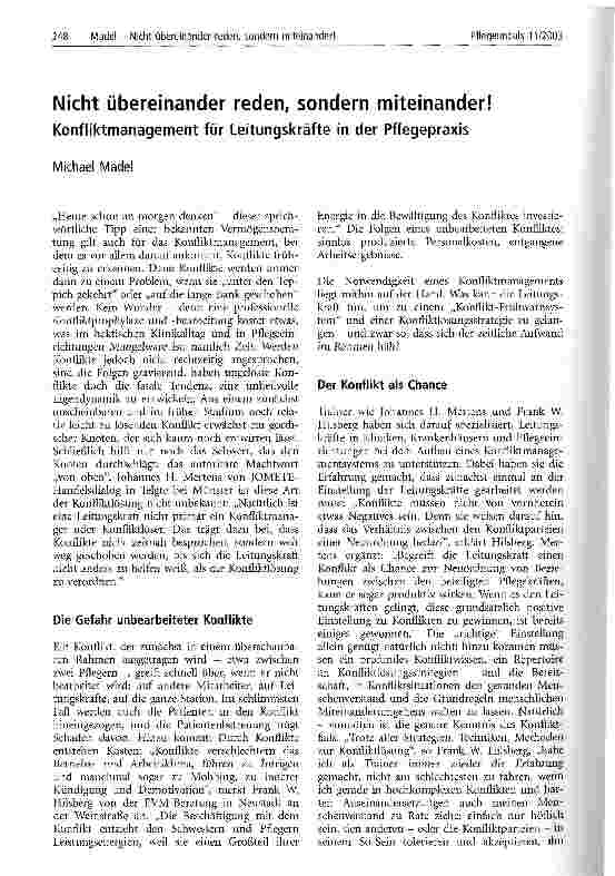 Vorschauseite 1: Nicht übereinander reden, sondern miteinander! Konfliktmanagement für Leitungskräfte in der Pflegepraxis