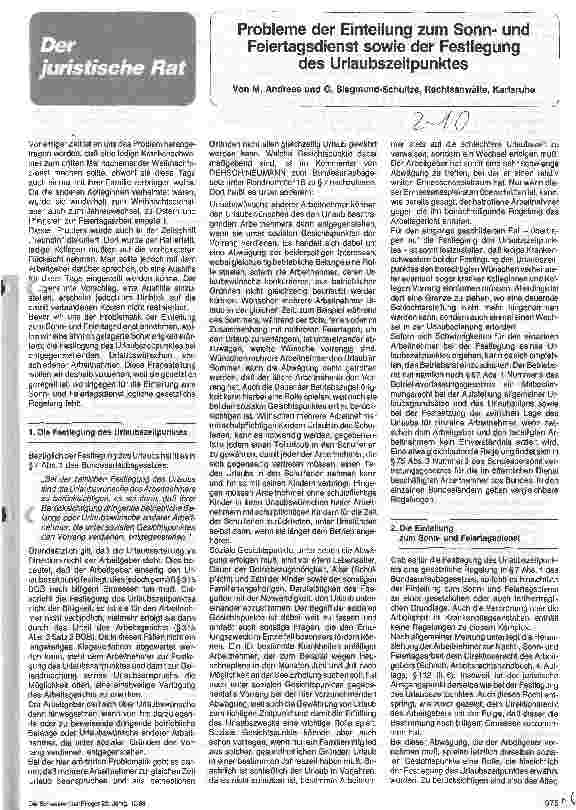 Vorschauseite 1: Probleme der Einstellung zum Sonnund Feiertagsdienst sowie der Festlegung des Urlaubszeitpunktes