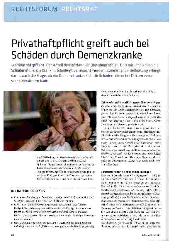 Vorschauseite 1: Privathaftpflicht greift auch bei Schäden durch Demenzkranke