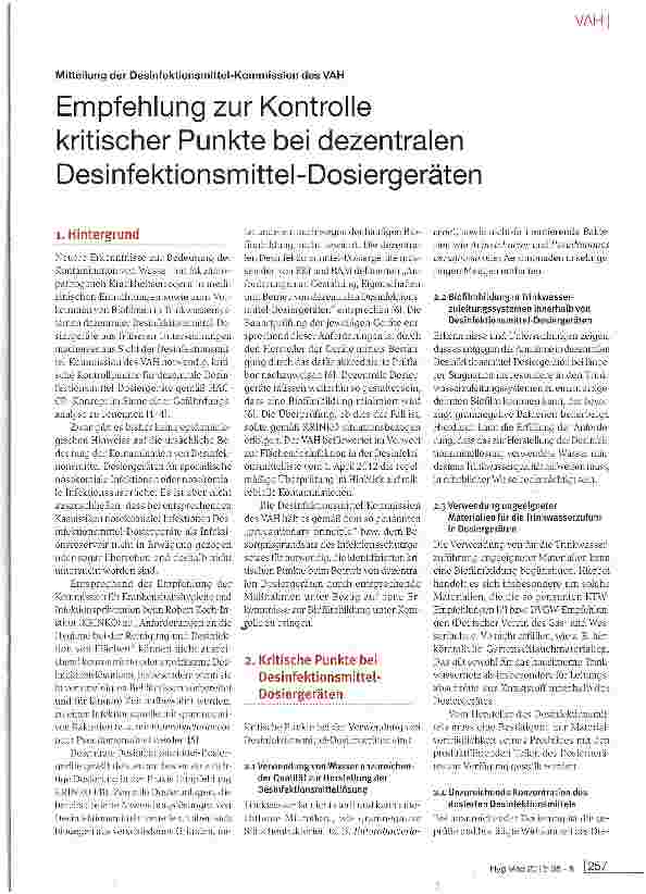 Vorschauseite 1: Empfehlung zur Kontrolle kritischer Punkte bei dezentralen Desinfektionsmittel-Dosiergeräten