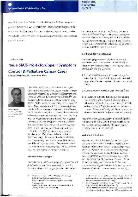 Vorschauseite 1: Neue SIAK-Projektgruppe: Symptom Control & Palliative Cancer Care Kick-Off-Meeting, 22. November 2002