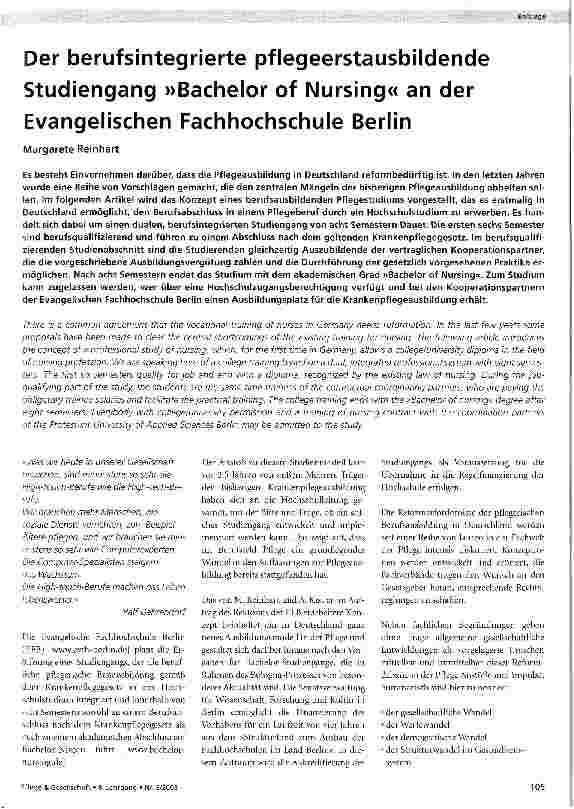 Vorschauseite 1: Der berufsintegrierte pflegeerstausbildende Studiengang Bachelor of Nursing an der Evangelischen Fachhochschule Berlin