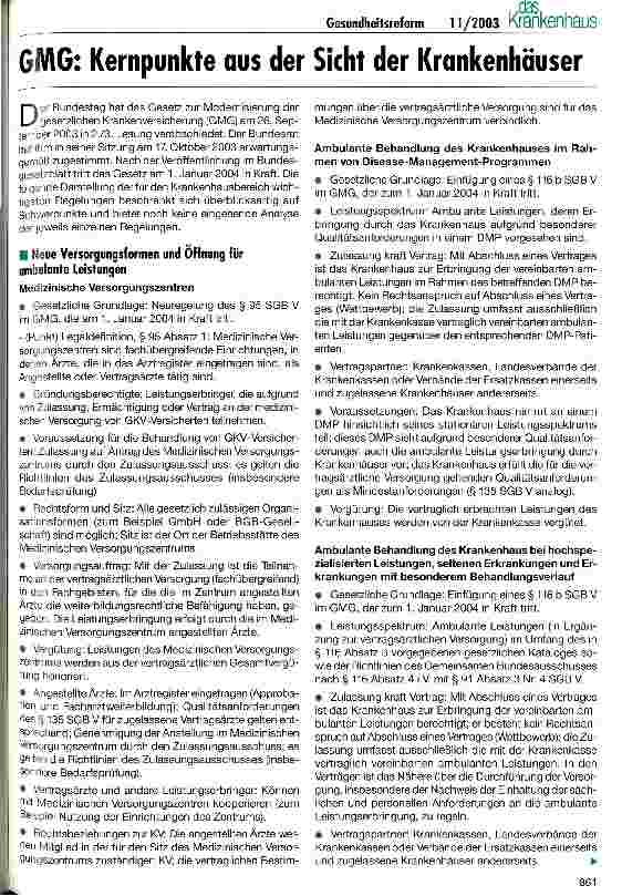 Vorschauseite 1: GMG: Kernpunkte aus der Sicht der Krankenhäuser