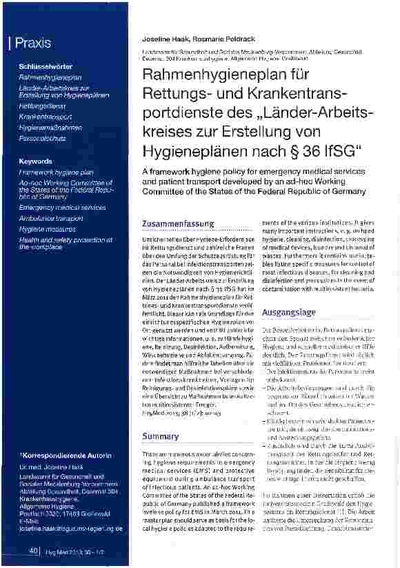 Vorschauseite 1: Rahmenhygieneplan für Rettungsund Krankentransportdienste des „Länder-Arbeitskreises zur Erstellung von Hygieneplänen nach § 36 IfSG