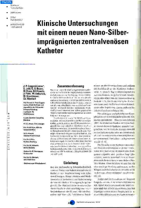 Vorschauseite 1: Klinische Untersuchungen mit einem neuen Nano-Silber-imprägnierten zentralvenösen Katheter