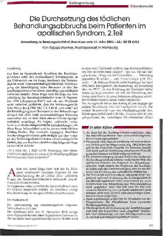 Vorschauseite 1: Die Durchsetzung des tödlichen Behandlungsabbruchs beim Patienten im apallischen Syndrom, 2. Teil Anmerkung zu Bundesgerichtshof, Beschluss vom 17. März 2003