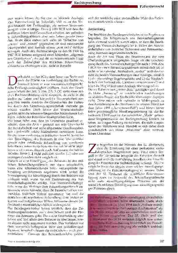 Vorschauseite 3: Die Durchsetzung des tödlichen Behandlungsabbruchs beim Patienten im apallischen Syndrom, 2. Teil Anmerkung zu Bundesgerichtshof, Beschluss vom 17. März 2003
