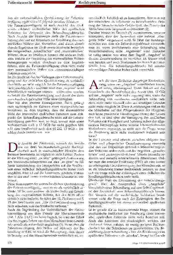 Vorschauseite 4: Die Durchsetzung des tödlichen Behandlungsabbruchs beim Patienten im apallischen Syndrom, 2. Teil Anmerkung zu Bundesgerichtshof, Beschluss vom 17. März 2003