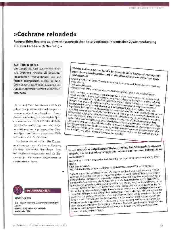 Vorschauseite 1: »Cochrane reloaded« Ausgewählte Reviews zu physiotherapeutischen Interventionen in deutscher Zusammenfassung aus dem Fachbereich Neurologie