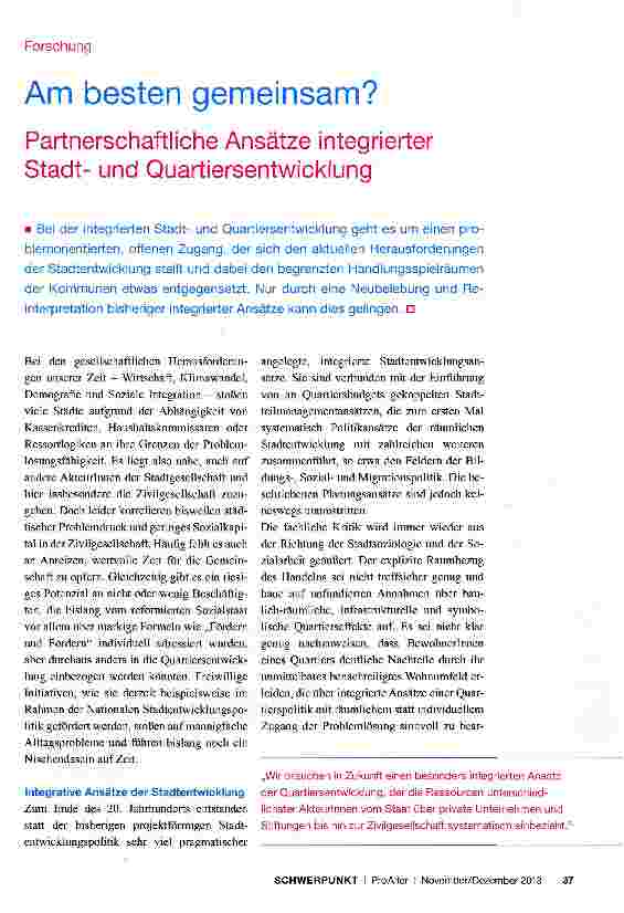 Vorschauseite 1: Am besten gemeinsam? Partnerschaftliche Ansätze integrierter Stadtund Quartiersentwicklung