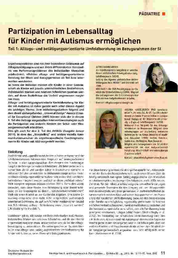 Vorschauseite 1: Partizipation im Lebensalltagfür Kinder mit Autismus ermöglichenTeil 1: Alltagsund betätigungsorientierte Umfeldberatung im Bezugsrahmen derSI