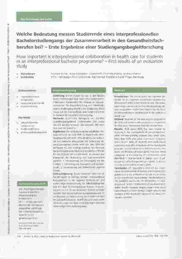 Vorschauseite 1: Welche Bedeutung messen Studierende eines interprofessionellen Bachelorstudiengangs der Zusammenarbeit in den Gesundheitsfach-berufen bei? Erste Ergebnisse einer Studiengangsbegle…