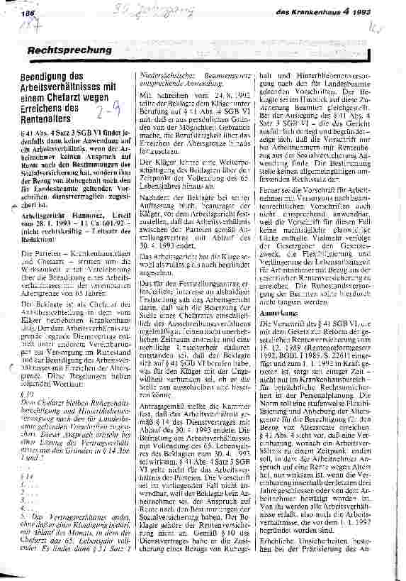 Vorschauseite 1: Beendigung des Arbeitsverhältnisses mit einem Chefarzt wegen Erreichen des Rentenalters AG Hannover,Urteil v.28.01.93 11 Ca 601/92