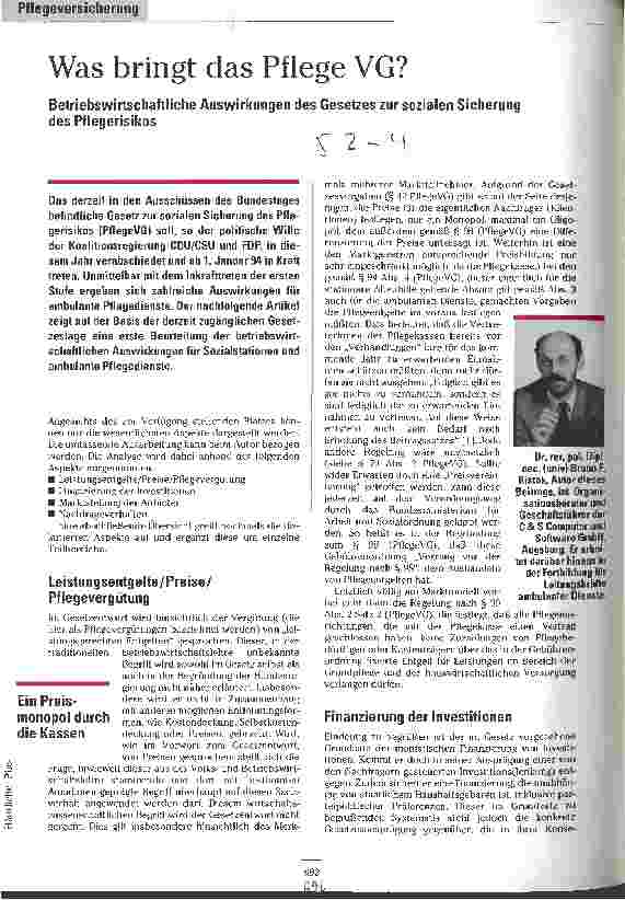 Vorschauseite 1: Was bringt das Pflege VG? Betriebswirtschaftliche Auswirkungen des Gesetzes zur sozialen Sicherung des Pflegerisikos