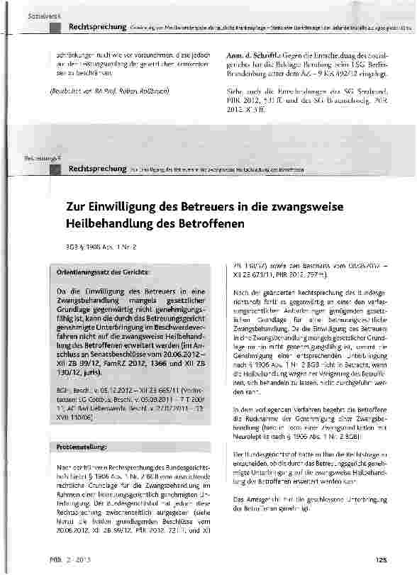 Vorschauseite 1: Zur Einwilligung des Betreuers in die zwangsweise Heilbehandlung des BetroffenenBGB§ 1906 Abs. 1 Nr. 2