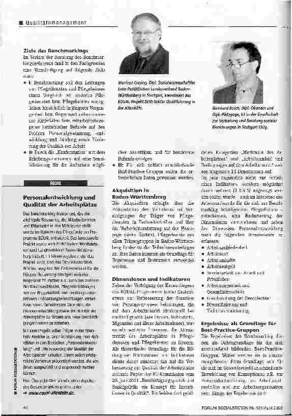 Vorschauseite 2: Benchmarking: Wissen wo man steht Instrument zur Personalentwicklung und für Qualität der Arbeitsplätze in Pflegediensten