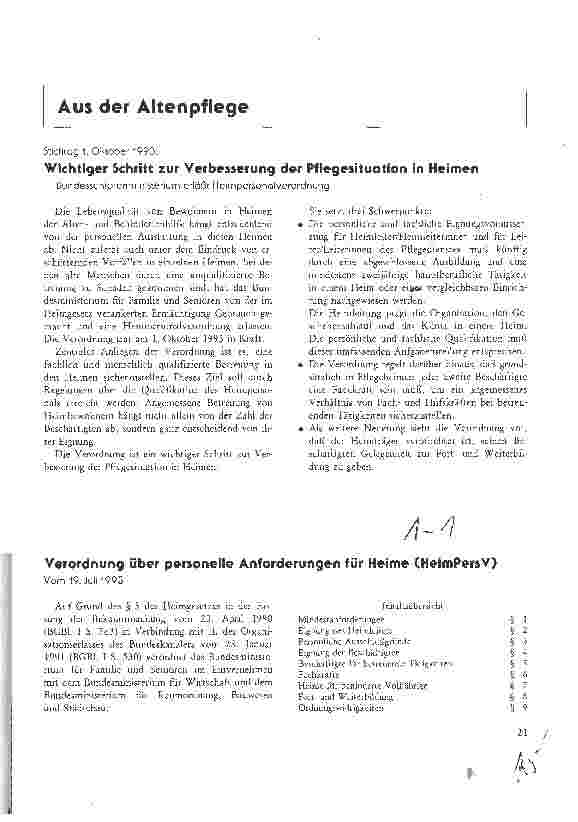 Vorschauseite 1: Verordnung über personelle Anforderungen für Heime (HeimPersV) vom 19. Juli 1993