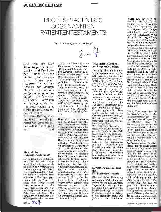 Vorschauseite 1: Rechtsfragen des sogenannten Patiententestaments