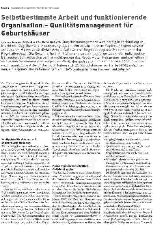Vorschauseite 1: Selbstbestimmte Arbeit und funktionierende Organisation - Qualitätsmanagement für Geburtshäuser