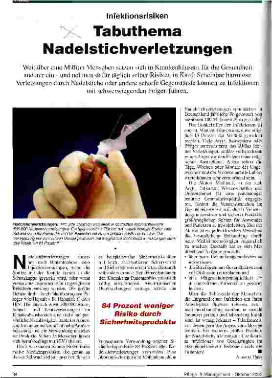 Vorschauseite 1: Tabuthema Nadelstichverletzungen Infektionsrisiko