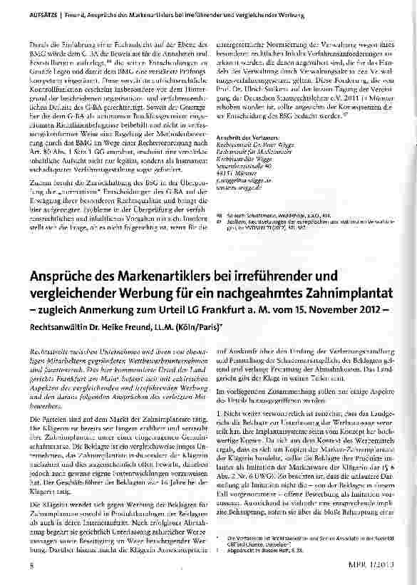 Vorschauseite 1: Ansprüche des Markenartiklers bei irreführender und vergleichender Werbung für ein nachgeahmtes Zahnimplantat