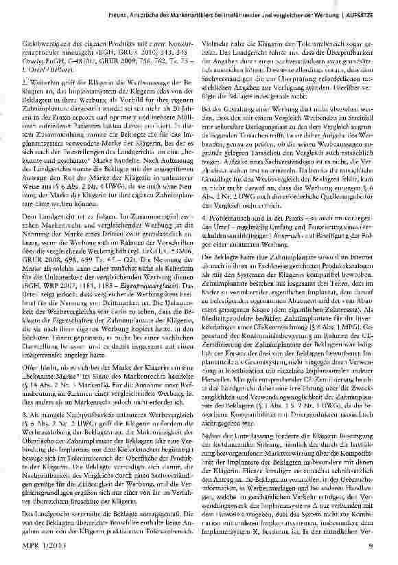Vorschauseite 2: Ansprüche des Markenartiklers bei irreführender und vergleichender Werbung für ein nachgeahmtes Zahnimplantat