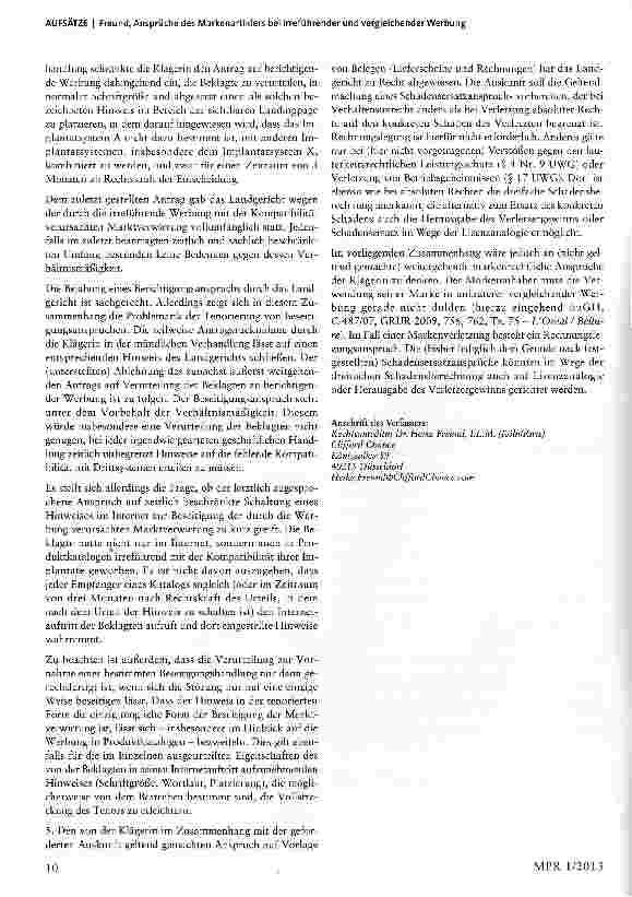 Vorschauseite 3: Ansprüche des Markenartiklers bei irreführender und vergleichender Werbung für ein nachgeahmtes Zahnimplantat