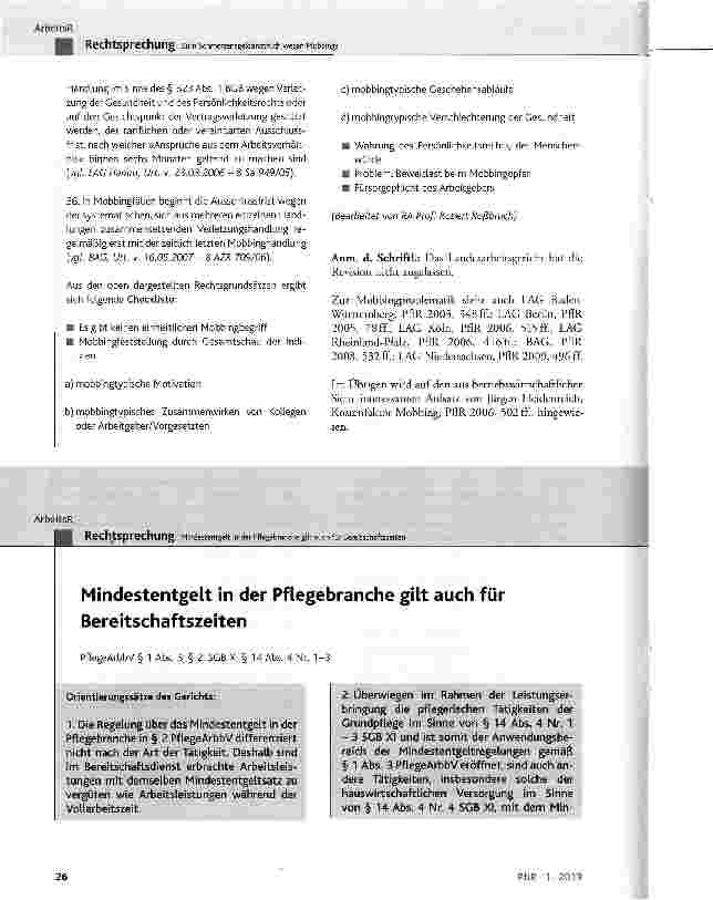 Vorschauseite 1: Mindestentgelt in der Pflegebranche gilt auch für Bereitschaftszeiten PflegeArbbV § 1 Abs. 3, § 2; SGB XI § 14 Abs. 4 Nr. 1-3