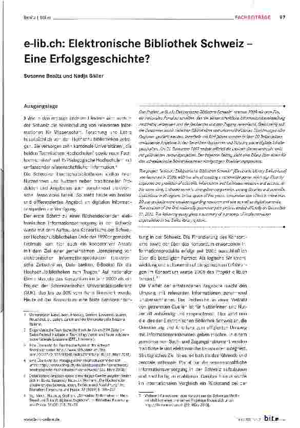 Vorschauseite 1: e-lib.ch: Elektronische Bibliothek Schweiz Eine Erfolgsgeschichte?