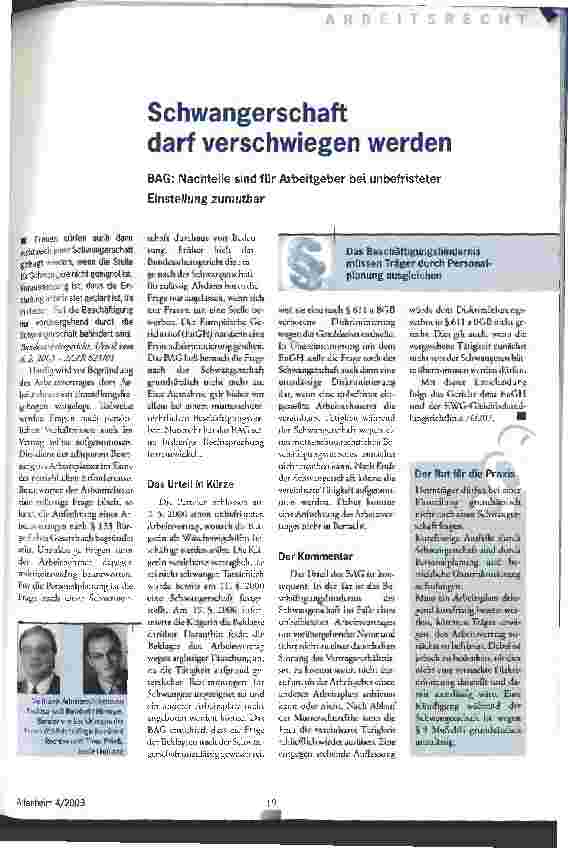 Vorschauseite 1: Schwangerschaft darf verschwiegen werden