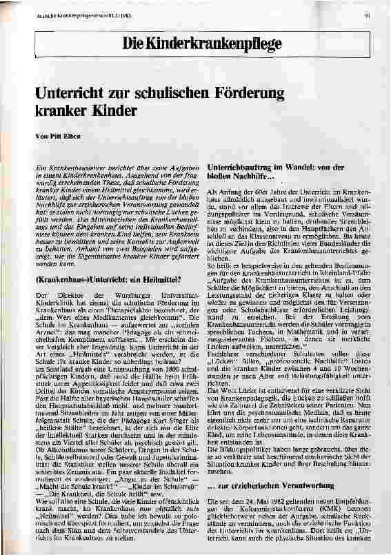 Vorschauseite 1: Unterricht zur schulischen Förderung kranker Kinder Die Kinderkrankenpflege