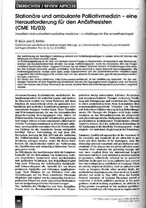 Vorschauseite 1: Stationäre und ambulante Palliativmedizin Eine Herausforderung für den Anästhesisten (CME 10/03)