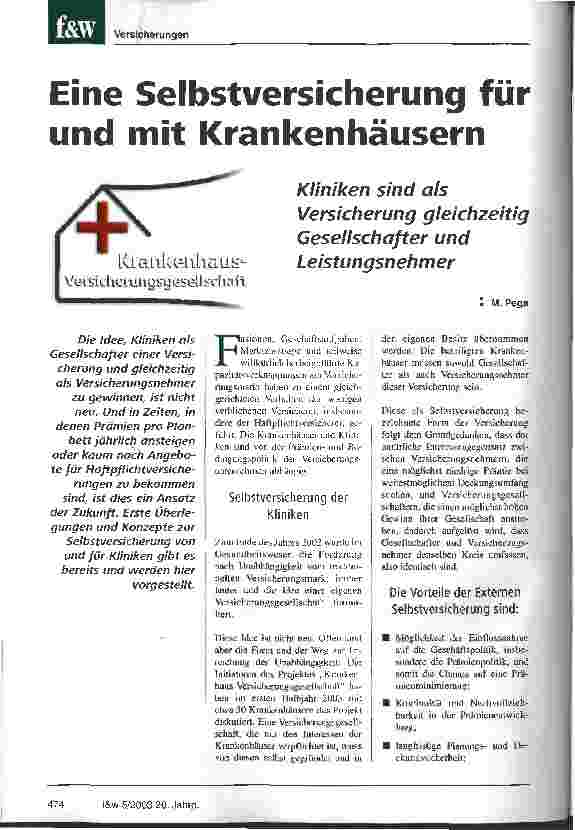 Vorschauseite 1: Eine Selbstversicherung für und mit Krankenhäusern Kliniken sind als Versicherung gleichzeitig Gesellschafter und Leistungsnehmer