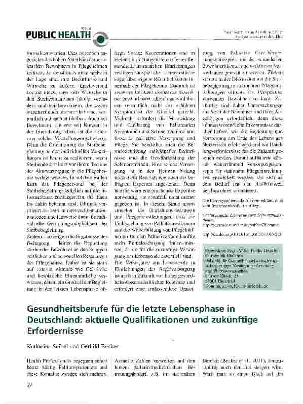 Vorschauseite 1: Gesundheitsberufe für die letzte Lebensphase in Deutschland: aktuelle Qualifikationen und zukünftige Erfordernisse
