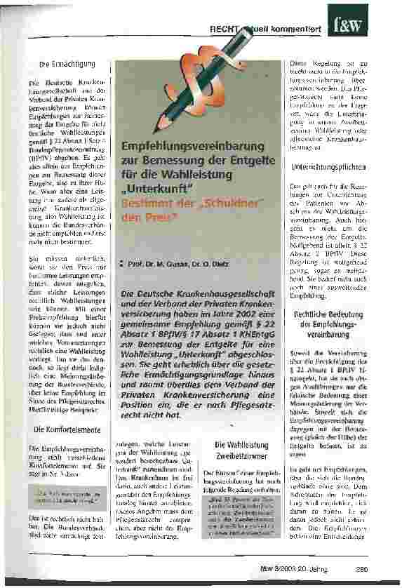 Vorschauseite 1: Empfehlungsvereinbarung zur Bemessung der Entgelte für die Wahlleistung Unterkunft Bestimmt der Schuldner den Preis?